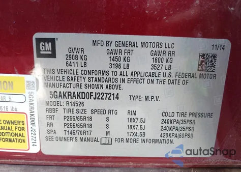 2015 Buick Enclave Convenience from USA, damaged, VIN 5GAKRAKD0FJ227214